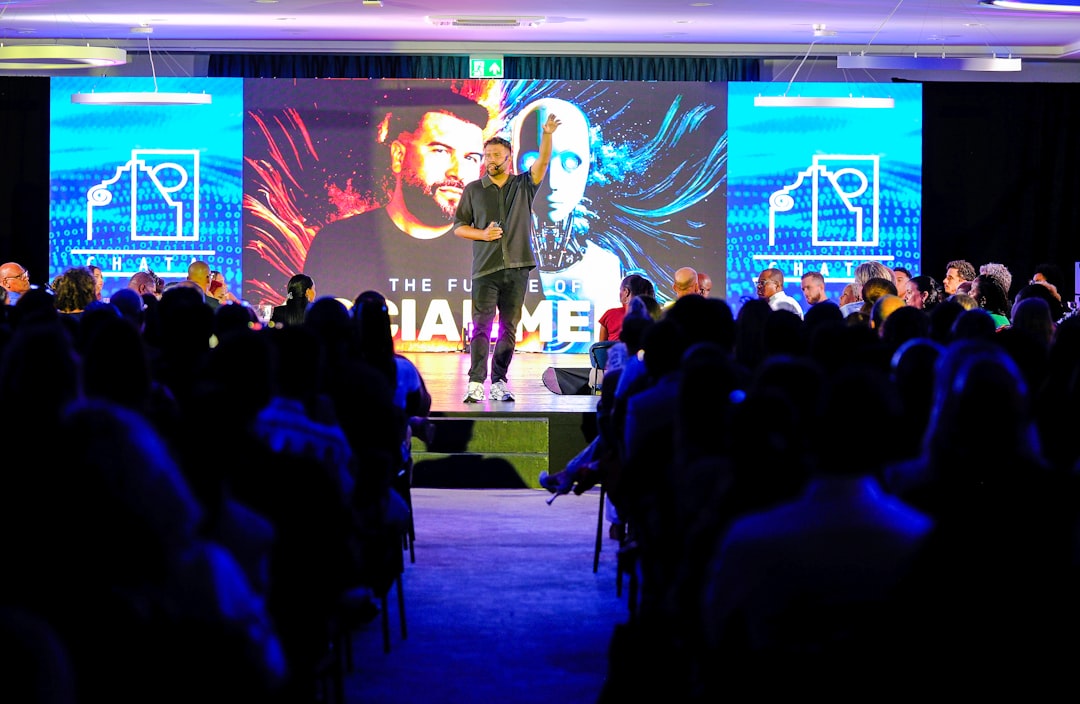 Event planner using AI tools for conference management on tablet